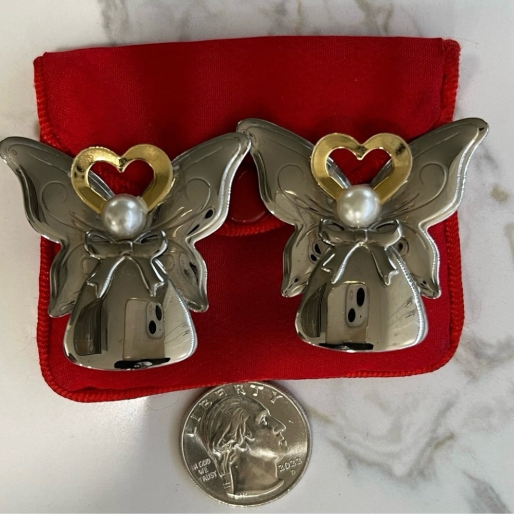 Statement Two Tone Silver Gold Hear Angel Butterfly Earrings 1980 1990’s Signed